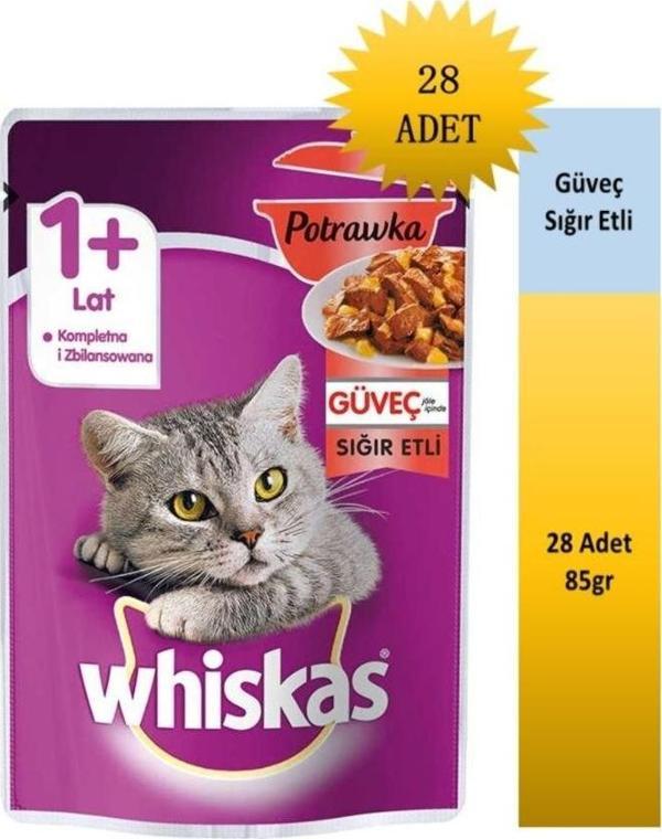 Whiskas Sığır Etli Güveç Yetişkin Kedi Yaş Maması 28X85 gr - Image 1