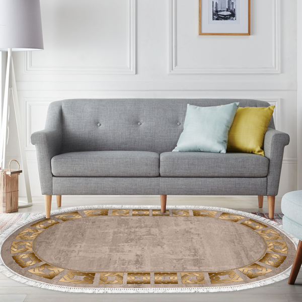 Dekoreko Kaymaz Taban Djt Salon Halısı Yıldız Deri Saçaklı Oval Modern 691M - Image 1