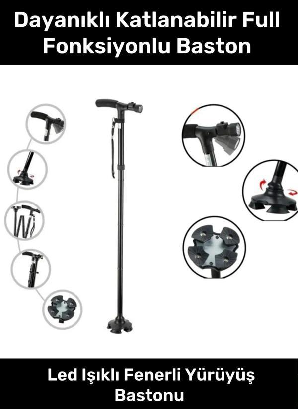 Kolay Açılıp Kapanan Dayanıklı Katlanabilir Full Fonksiyonlu Led Işıklı Fenerli Yürüyüş Bastonu - Image 1