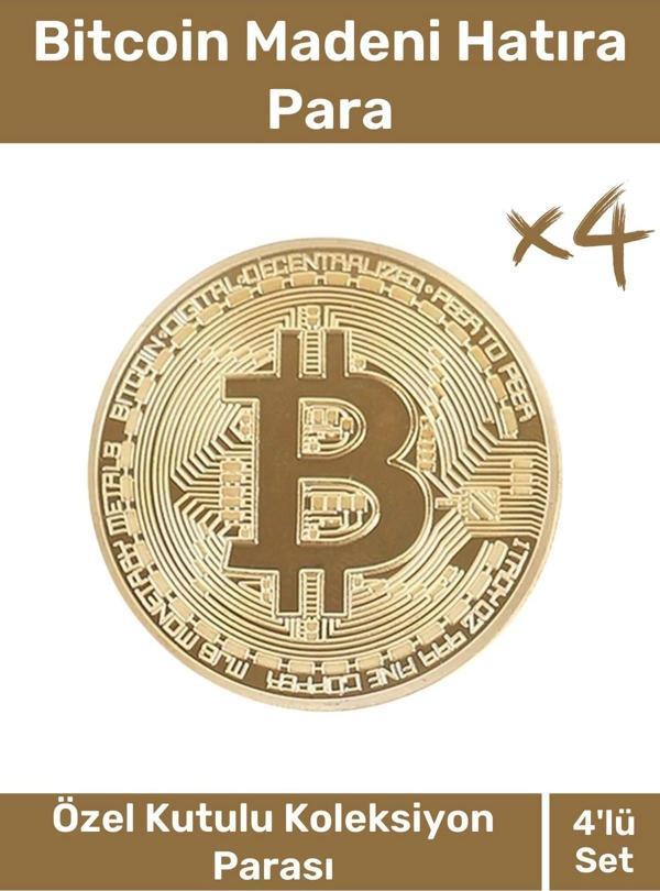Özel Kutulu Hediyelik Kripto Hatıra Koleksiyon Bitcoin Madeni Para Altın Rengi 4'lü Set - Image 1