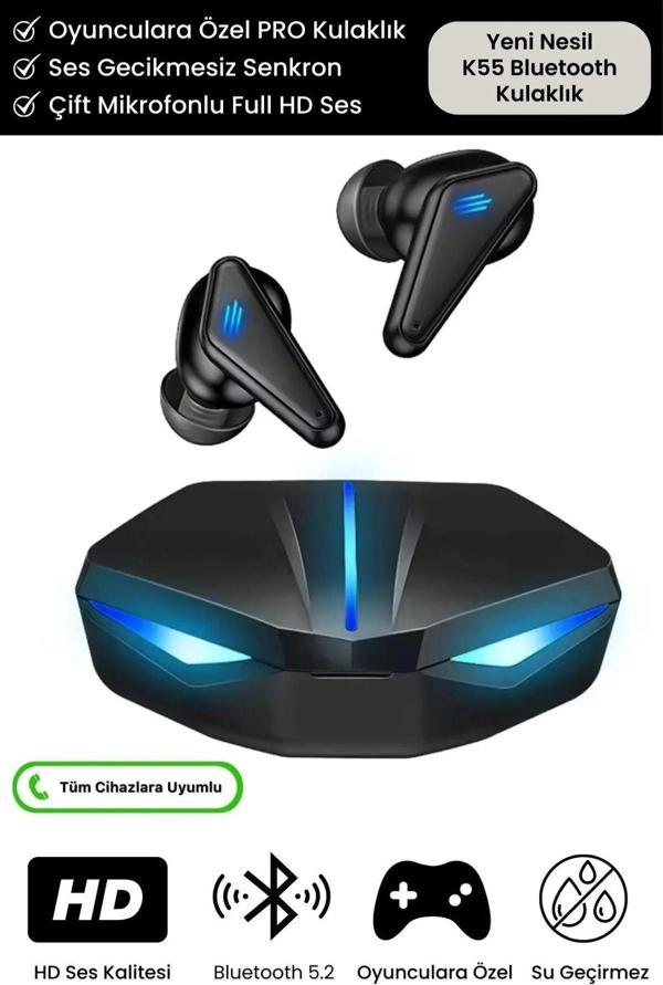 Özel RGB Işıklı K55 Tws Pro Extra Bass Mikrofonlu 3D Stereo Ses Bluetooth Kablosuz Oyuncu Kulaklık - Image 1