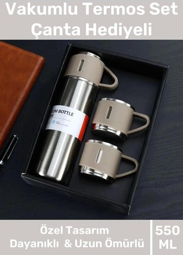 Özel Üretim Paslanmaz Çelik 3 Bardaklı Soğuk Sıcak Termos Vakumlu Termos Set Çanta Hediyeli 550 Ml - Image 1