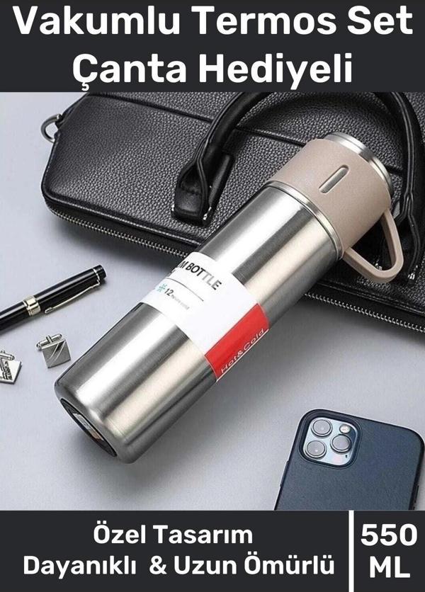 Özel Üretim Paslanmaz Çelik 3 Bardaklı Soğuk Sıcak Termos Vakumlu Termos Set Çanta Hediyeli 550 Ml - Image 1