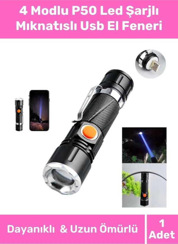 Özel Üretim Takma Aparatlı Dayanıklı Metal Alüminyum 4 Modlu P50 Led Şarjlı Mıknatıslı Usb El Feneri - Image 1