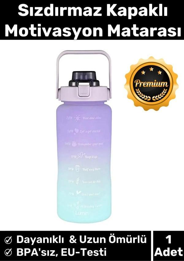 Premium Çift Renk Ölçü Baskılı Sızdırmaz Akmaz Motivasyon Matara Suluk Sağlıklı Plastik 2 Lt Su Şişe - Image 1