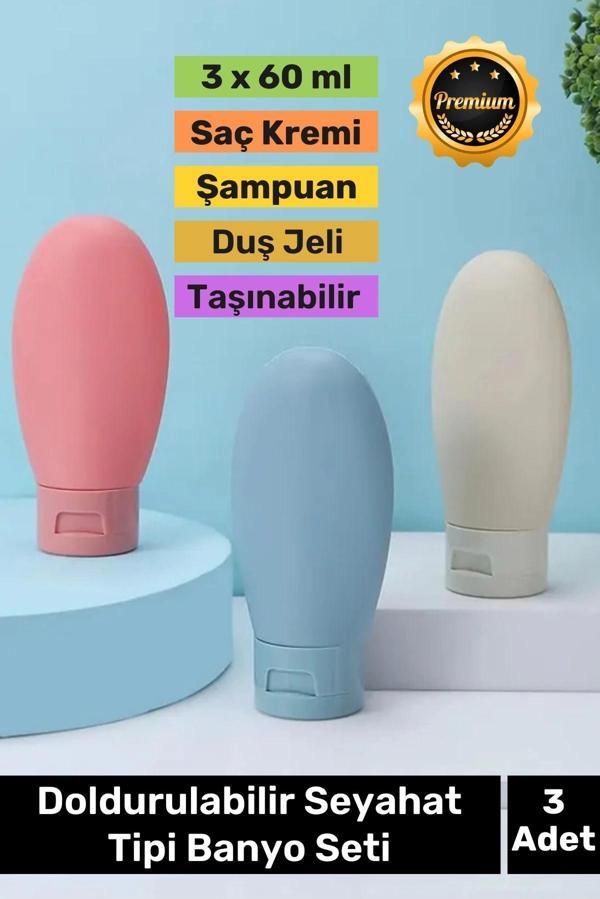 Premium Doldurulabilir Taşınabilir Krem Şampuan Jel 3 Adet 60ml Hijyenik Seyahat Tipi Banyo Seti - Image 1