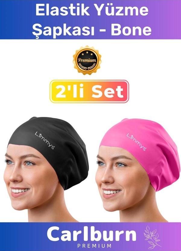 Premium Su Geçirmez Sızdırmaz Renkli Silikon Yüzücü Havuz Deniz Bone Elastik Yüzme Şapkası 2'li Set - Image 1