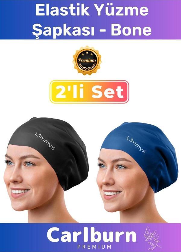 Premium Su Geçirmez Sızdırmaz Renkli Silikon Yüzücü Havuz Deniz Bone Elastik Yüzme Şapkası 2'li Set - Image 1