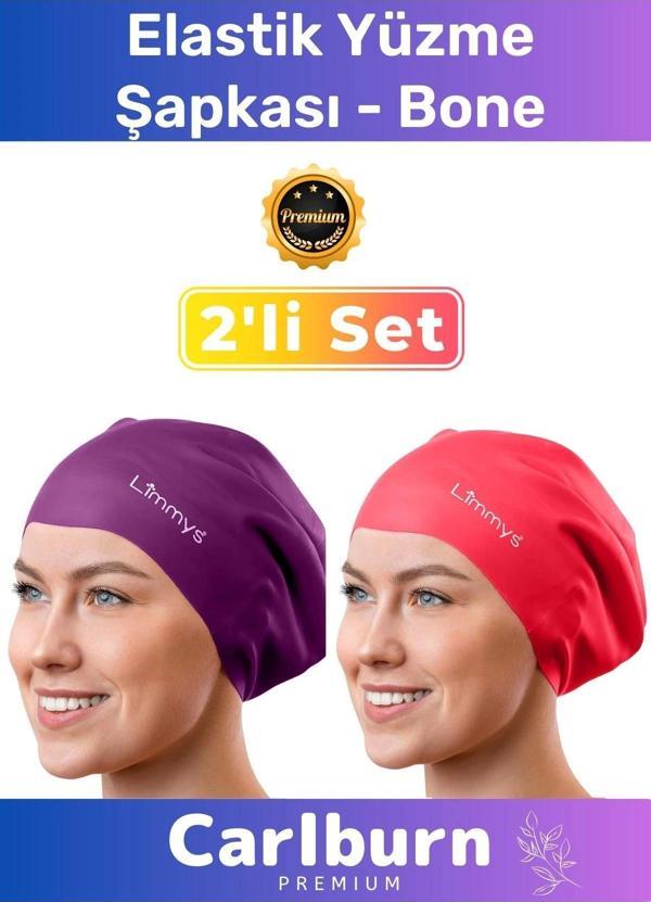 Premium Su Geçirmez Sızdırmaz Renkli Silikon Yüzücü Havuz Deniz Bone Elastik Yüzme Şapkası 2'li Set - Image 1
