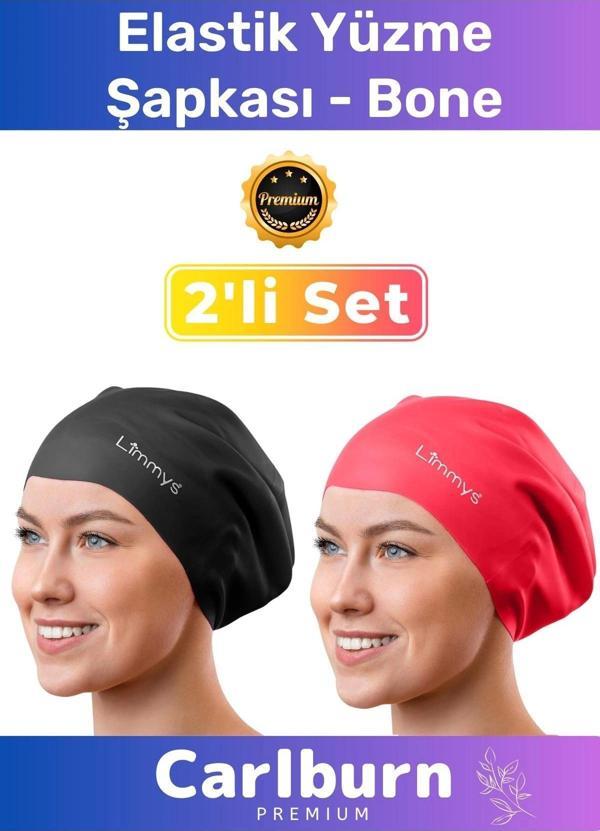 Premium Su Geçirmez Sızdırmaz Renkli Silikon Yüzücü Havuz Deniz Bone Elastik Yüzme Şapkası 2'li Set - Image 1