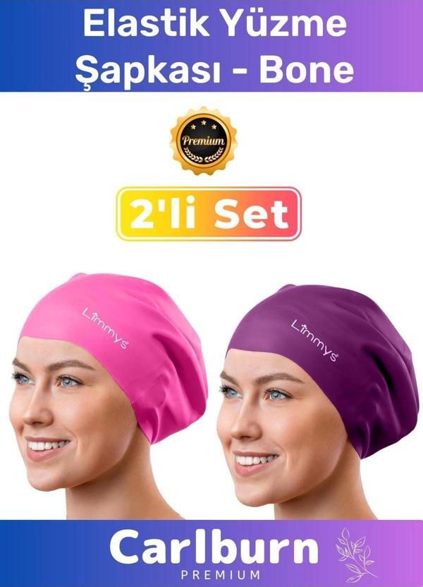 Premium Su Geçirmez Sızdırmaz Renkli Silikon Yüzücü Havuz Deniz Bone Elastik Yüzme Şapkası 2'li Set - Image 1