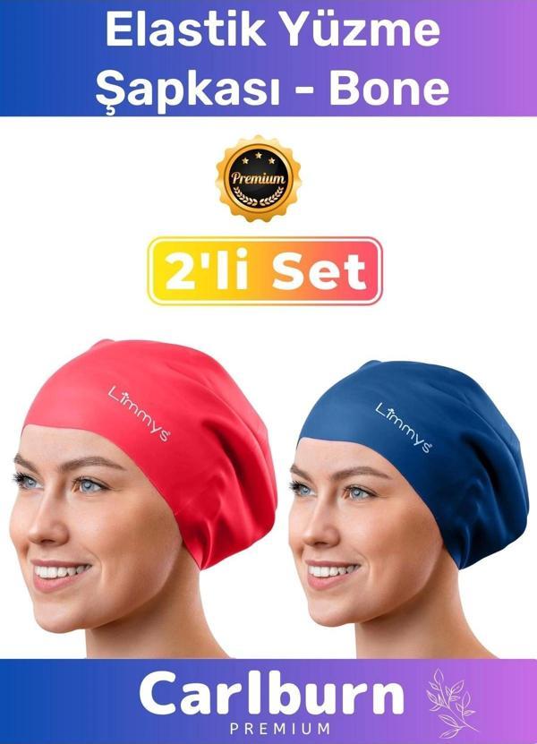 Premium Su Geçirmez Sızdırmaz Renkli Silikon Yüzücü Havuz Deniz Bone Elastik Yüzme Şapkası 2'li Set - Image 1