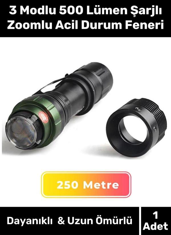 Premium Üretim Beyaz Işık 250 Metre Menzilli 3 Modlu 500 Lümen Şarjlı Zoomlu Acil Durum Feneri - Image 1