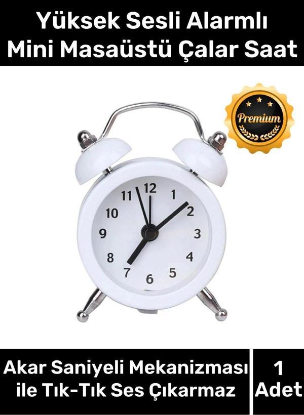 Premium Yüksek Sesli Alarmlı Pilli Dekoratif Çift Çanlı Mini Masaüstü Analog Dekoratif Çalar Saat - Image 1