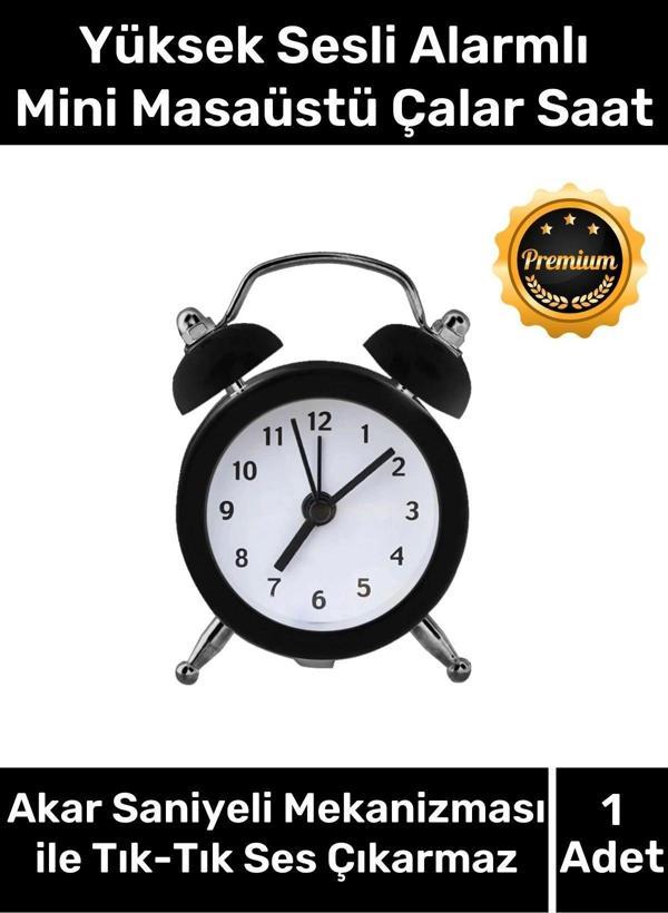 Premium Yüksek Sesli Alarmlı Pilli Dekoratif Çift Çanlı Mini Masaüstü Analog Dekoratif Çalar Saat - Image 1