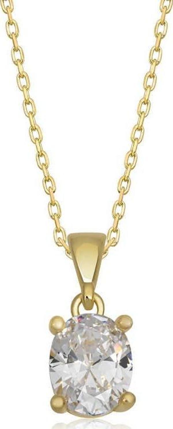 925 Ayar Gümüş Gold Oval Zirkon Taşlı Kadın Gümüş Kolye - Image 1