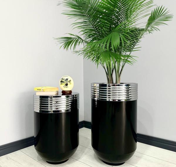 ELEGANT Dekoratif Krom Darbuka Parlak Siyah Saksı 70cm + Sehpa 60cm İkili Set - Image 1