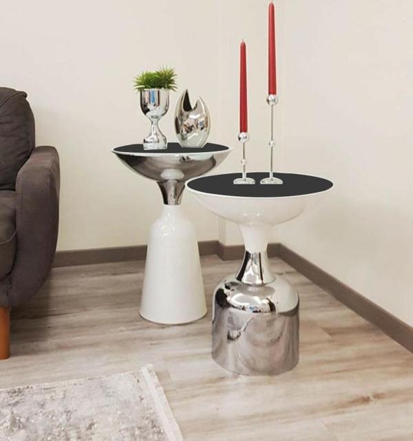 Olympos Dekoratif Beyaz Model Krom Sehpa 50 ve 55 cm - Image 1