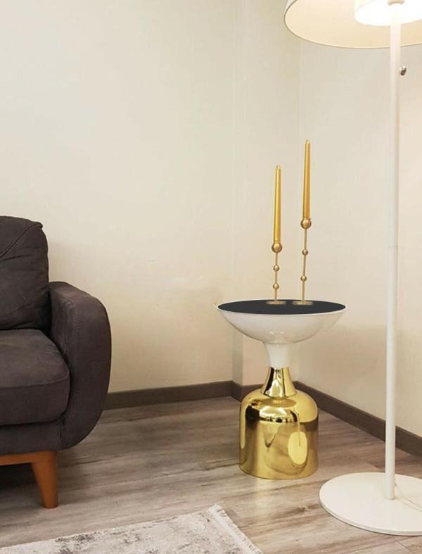 Olympos Dekoratif Parlak Beyaz Kısa Model Gold Sehpa 50 cm - Image 1