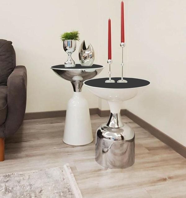 Olympos Dekoratif Parlak Beyaz Model Krom Sehpa 50 ve 55 cm - Image 1