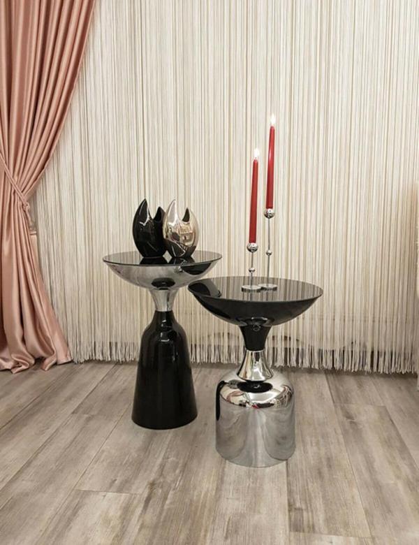 Olympos Dekoratif Parlak Siyah Model Krom Sehpa 50 ve 55 cm - Image 1