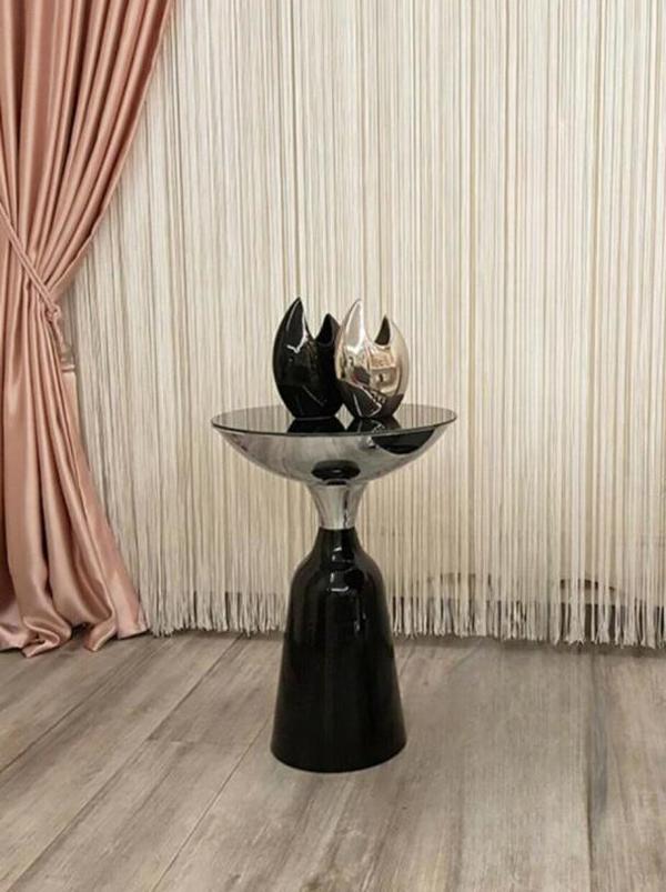 Olympos Dekoratif Parlak Siyah Uzun Model Krom Sehpa 55 cm - Image 1
