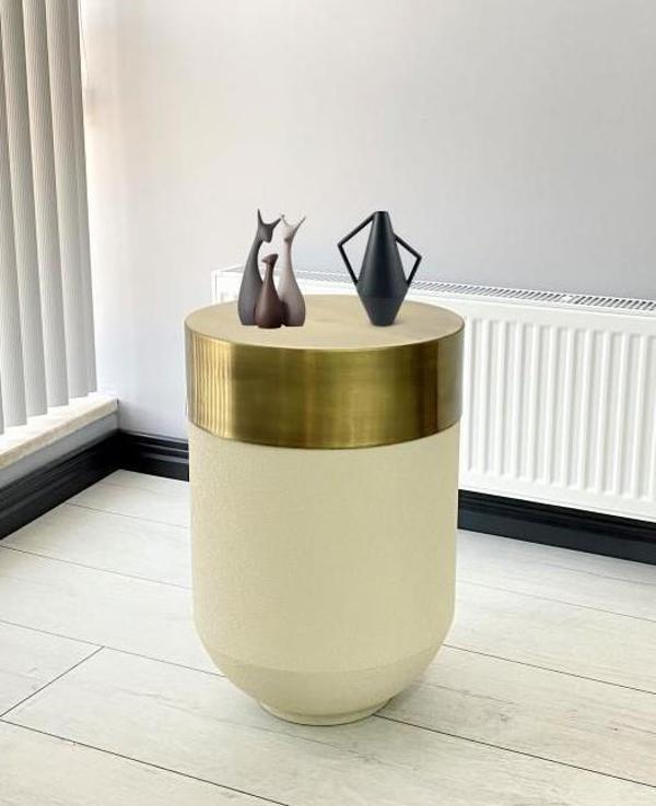 Dekoratif Eskitme Darbuka Beyaz Sehpa 60cm - Image 1