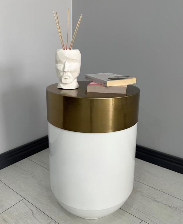 Dekoratif Eskitme Darbuka Parlak Beyaz Sehpa 60cm - Image 1