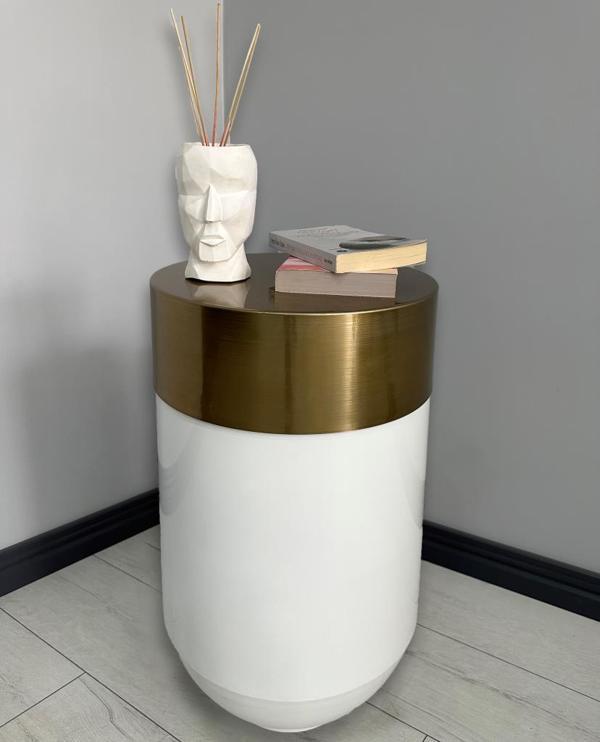 Dekoratif Eskitme Darbuka Parlak Beyaz Sehpa 70cm - Image 1