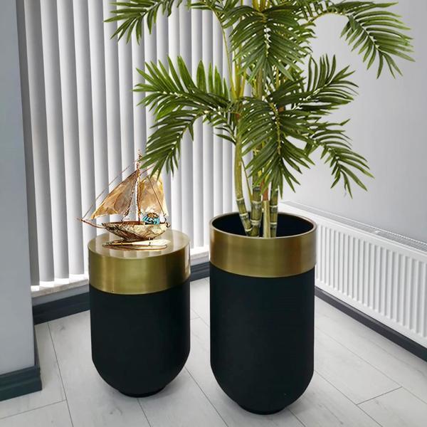 Dekoratif Eskitme Darbuka Siyah Saksı 70 cm+Sehpa 60 cm (ikili set) - Image 1