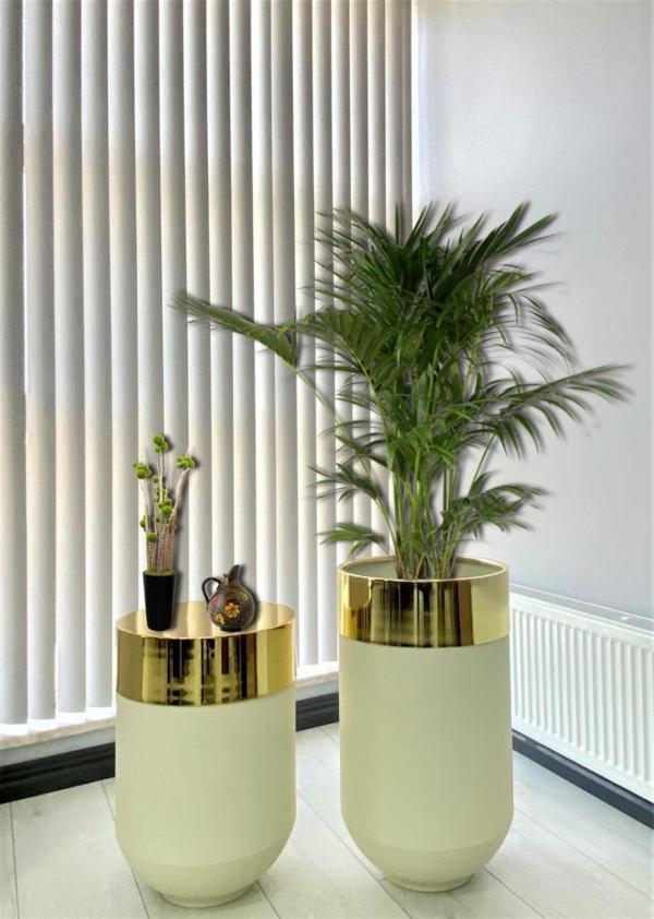 Dekoratif Gold Darbuka Beyaz Saksı 70cm + Sehpa 60cm İkili Set - Image 1