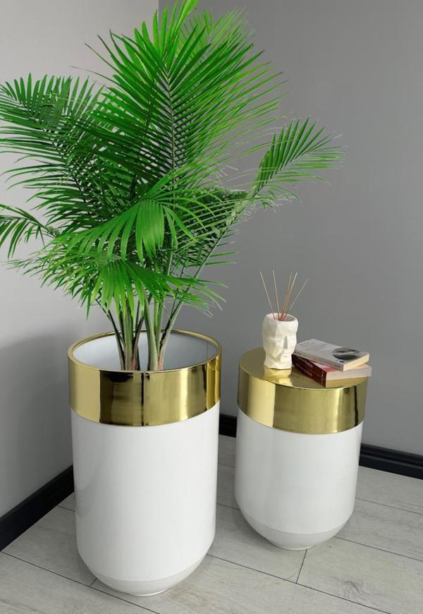 Dekoratif Gold Darbuka Parlak Beyaz Saksı 70cm + Sehpa 60cm İkili Set - Image 1