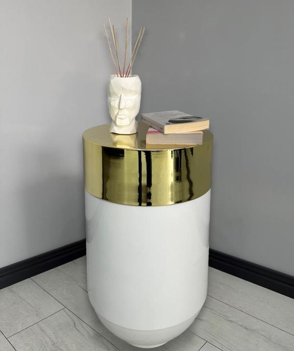 Dekoratif Gold Darbuka Parlak Beyaz Sehpa 70cm - Image 1