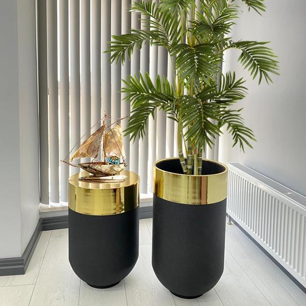 Dekoratif Gold Darbuka Siyah Saksı 70 cm+Sehpa 60 cm (ikili set) - Image 1