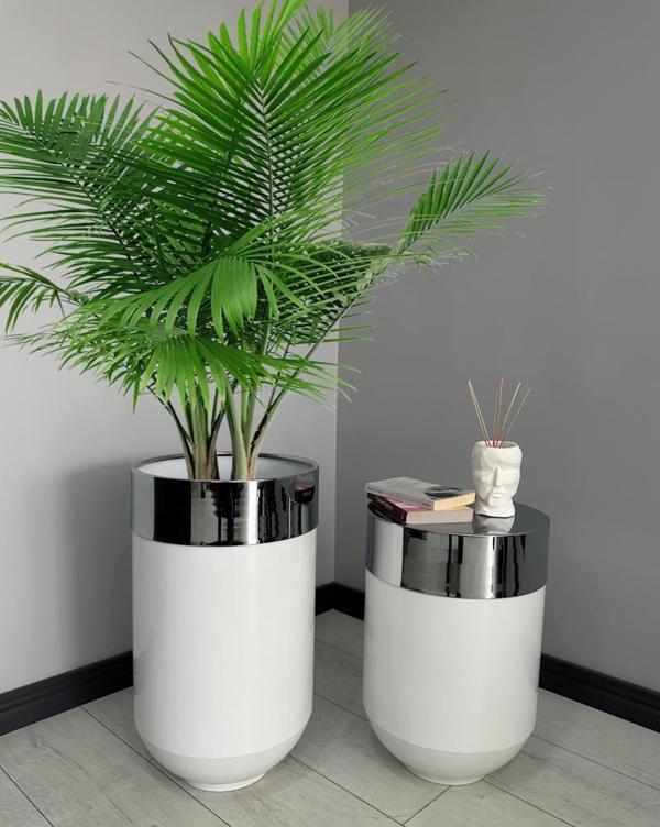 Dekoratif Krom Darbuka Parlak Beyaz Saksı 70cm + Sehpa 60cm İkili Set - Image 1