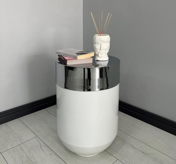 Dekoratif Krom Darbuka Parlak Beyaz Sehpa 60cm - Image 1