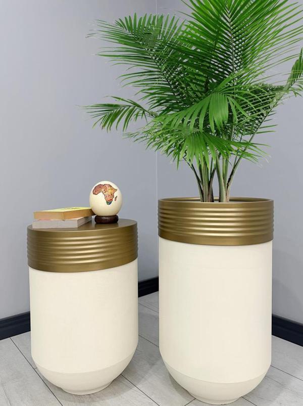 ELEGANT Dekoratif Eskitme Darbuka Krem Saksı 70cm + Sehpa 60cm İkili Set - Image 1
