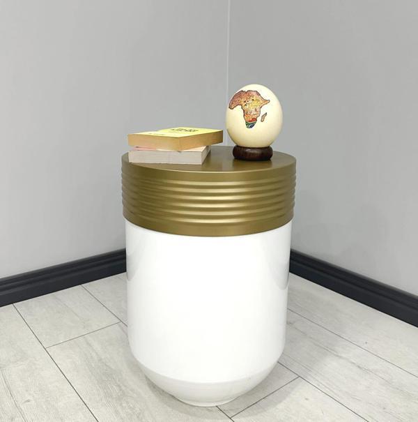 ELEGANT Dekoratif Eskitme Darbuka Parlak Beyaz Sehpa 60cm - Image 1