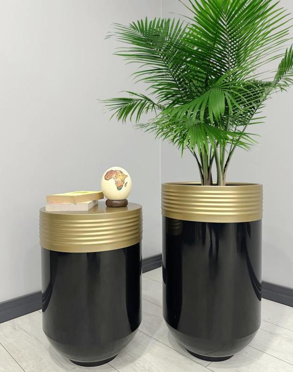 ELEGANT Dekoratif Eskitme Darbuka Parlak Siyah Saksı 70cm + Sehpa 60cm İkili Set - Image 1