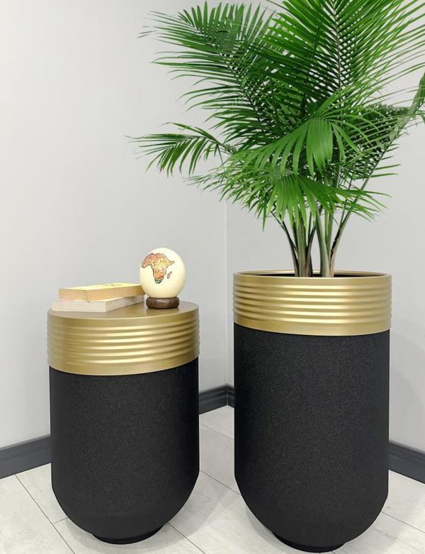 ELEGANT Dekoratif Eskitme Darbuka Siyah Saksı 70cm + Sehpa 60cm İkili Set - Image 1