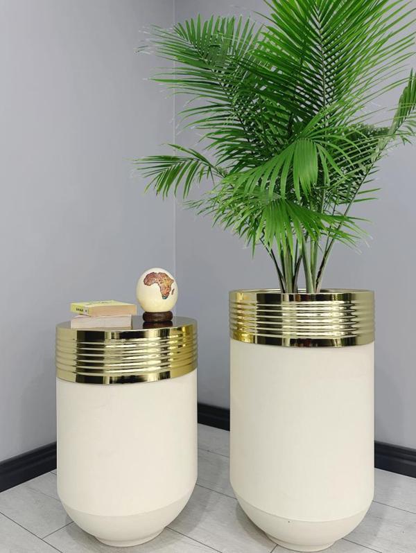 ELEGANT Dekoratif Gold Darbuka Krem Saksı 70cm + Sehpa 60cm İkili Set - Image 1