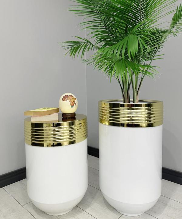 ELEGANT Dekoratif Gold Darbuka Parlak Beyaz Saksı 70cm + 60cm Sehpa İkili Set - Image 1