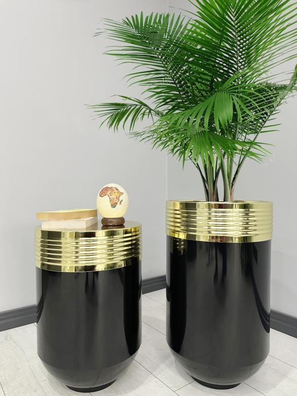 ELEGANT Dekoratif Gold Darbuka Parlak Siyah Saksı 70cm + Sehpa 60cm İkili Set - Image 1