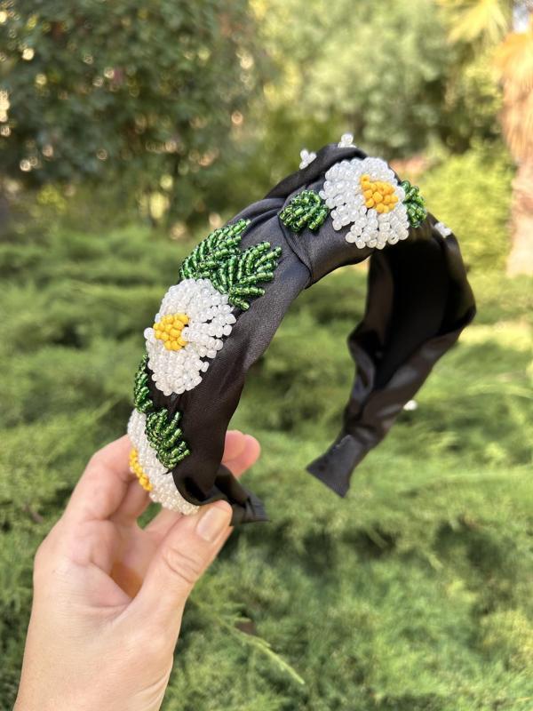 Tasarım Abiye Saç Aksesuarı Kına Nişan Gelin El İşlemesi Siyah Papatyalı Kadın Saç Tacı - Image 1