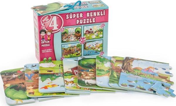 3222 DıyToy Süper Renkli 4'lü Puzzle - Çiftlik / 8+12+16+24 Parça Puzzle - Image 1