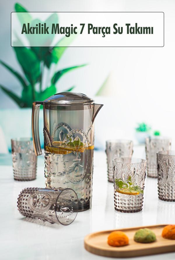 Akrilik Füme Sürahi 2,3 lt Ve 6'lı & Su Meşrubat Kahve Yanı Bardağı 400 ml Seti ( Cam Değildir ) - Image 1