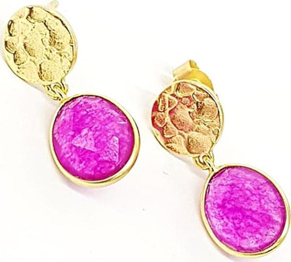 Pembe Kuvars Taşı El İşi Gümüş Üzerine Altın Kaplama Küpe - Image 1