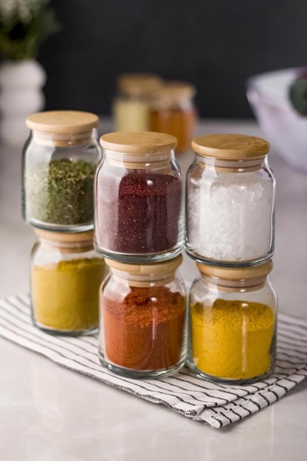 6'lı Bambu Kapaklı Cam Kavanoz & Baharat Takımı & Baharatlık Seti 200 ML (Vakum Kapak) - Image 1