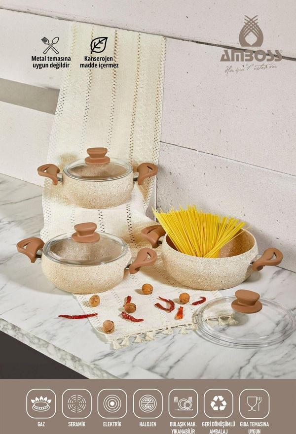 Fatso 6 Parça Tombik Güveç Granit Tencere Seti - Silikon Kulplar - Cappucıno - Image 1