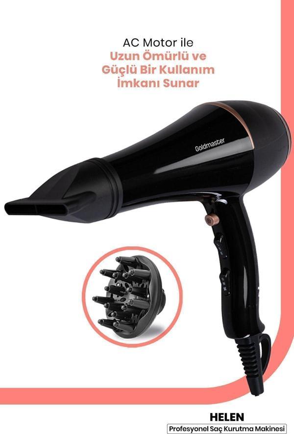 Goldmaster Helen Profesyonel Turbo Ultra Ince Kuaför Fön Makinesi Ve Difüzör Başlıklı Saç Kurutma Fön Makinesi - Image 1